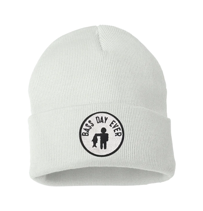 White Beanie with Bass Day Ever Patch White Beanie with Bass Day Ever Patch.